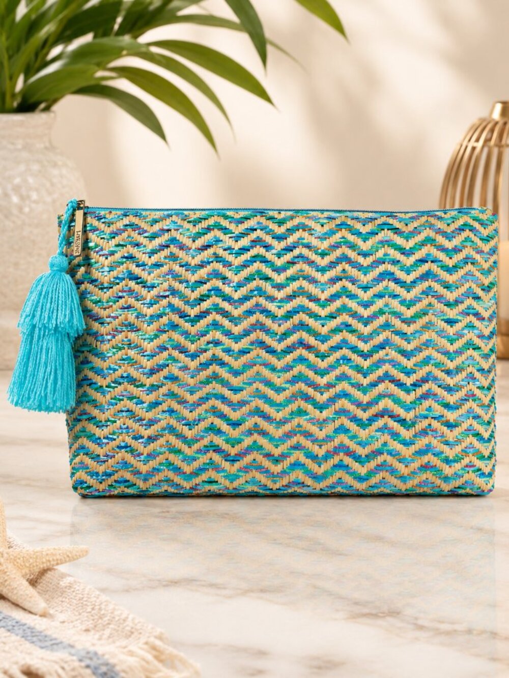 Lancome Woven Straw Chevron Cosmetic Bag Teal Tassel Wave Makeup Pouch Zipper
